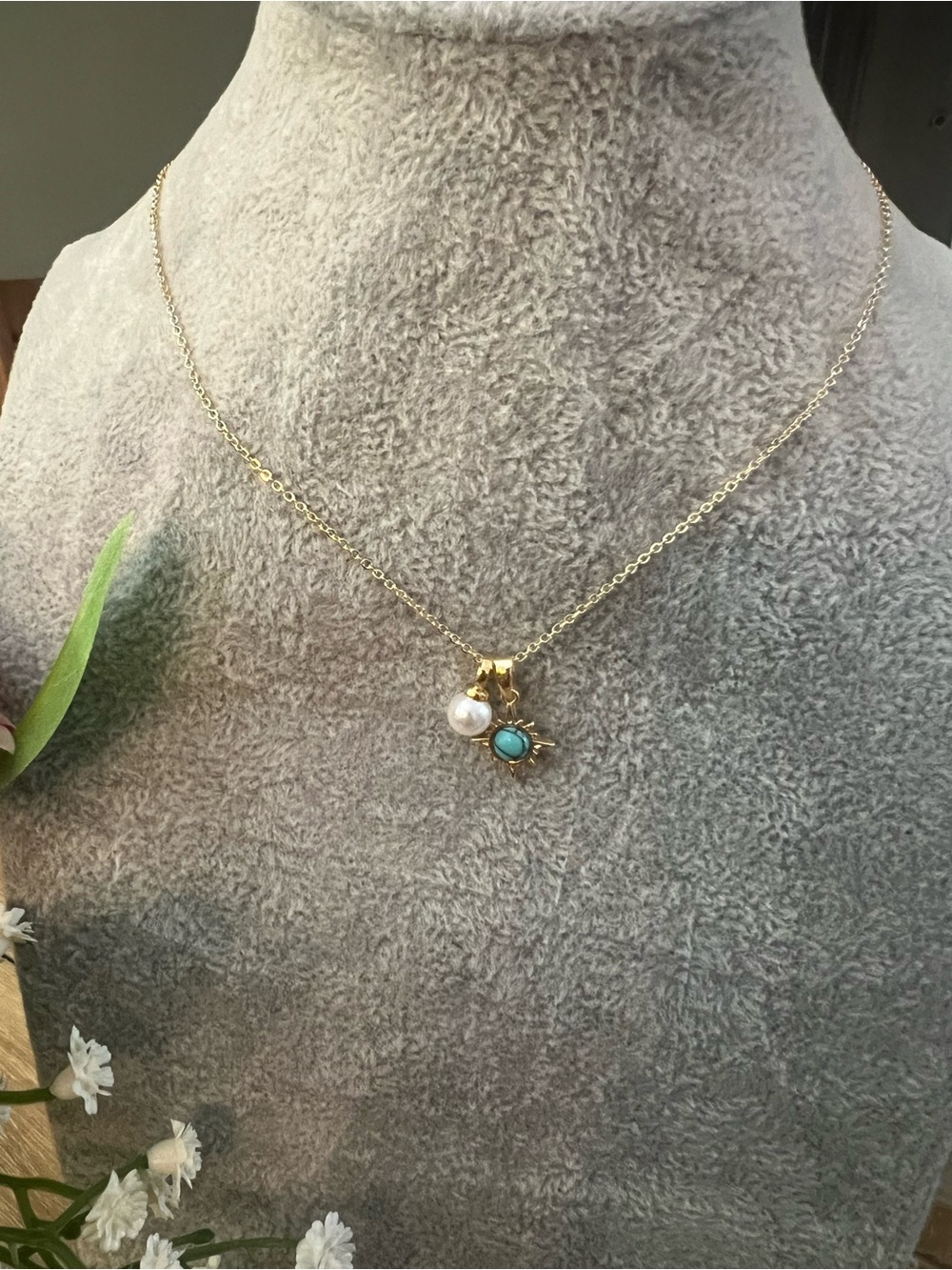 Gold Chain Necklace with Turquoise and Pearl Charms - Women Jewelry